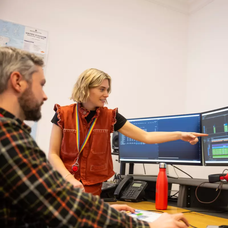 Two Employees looking at the screen of a TV studio